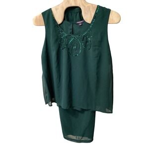 Roamans Women 28W 2-Piece Pant Set Hunter Green Sequin Chiffon Layered 03-0463-4